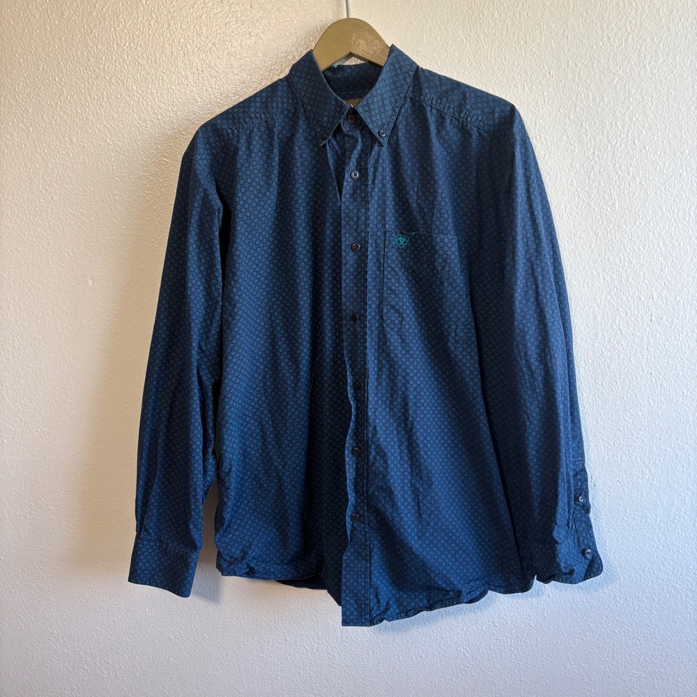 Ariat Men's Large Blue Print Long Sleeve Button Up Shirt Western Country Rodeo